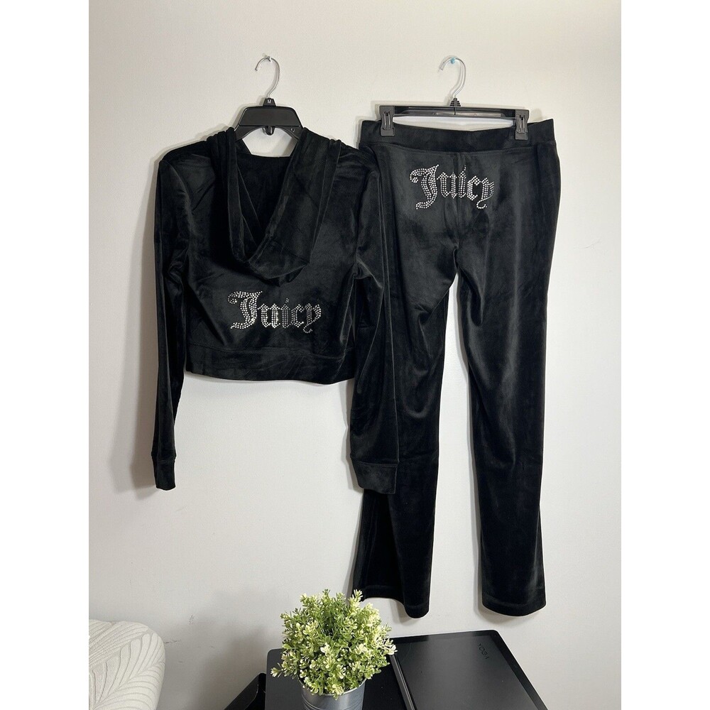 NWT Size Small JUICY COUTURE Velour Bling Tracksuit Hoodie/Pants Black Y2K